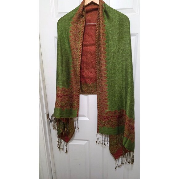 Vintage Reversible Green & Orange Paisley Shawl Wrap With Tassels Size 28x63 - Picture 1 of 6